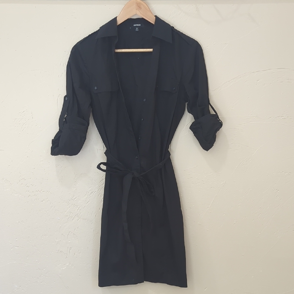 Express Black Button-Up Dress with Waist Tie, Size 8